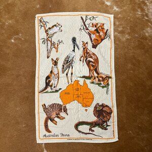 Vintage Australian Fauna Map Tea Towel Wildlife Print 70s Souvenir